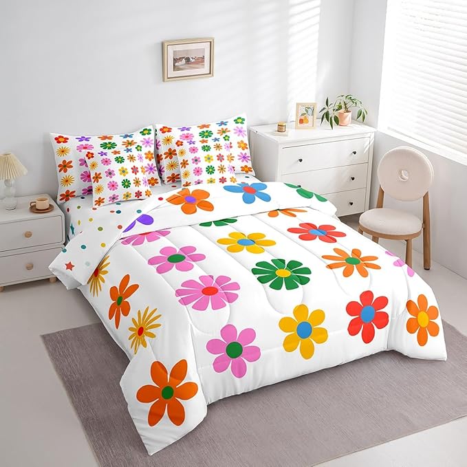 Feelyou Cute Flower 7 Piece Bedding Set Twin Size Colorful Flower Comforter Set with Sheets for Kids Boys Girls White Colorful Bed in a Bag Kawaii Theme Bed Set