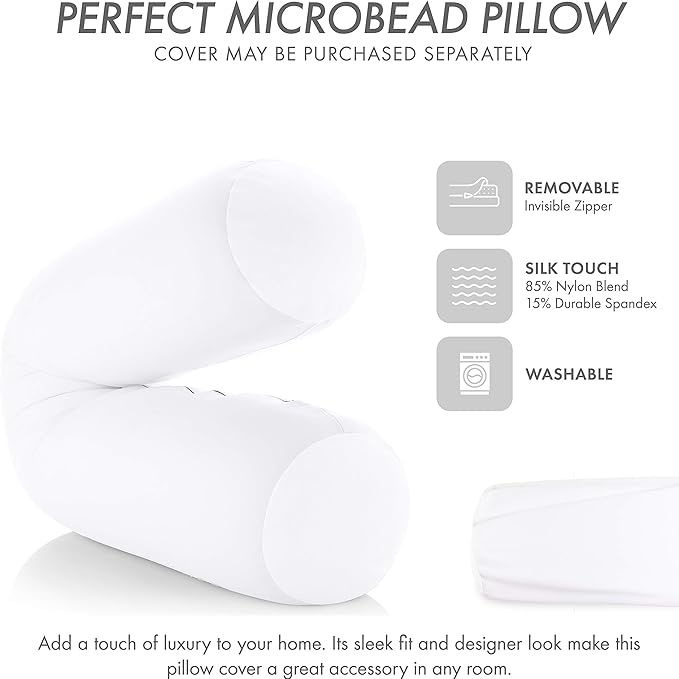 Straight Body Pillow, Full Size Premium Microbead,Side Sleeping/Maternity Pregnant Women, Supportive,Fluffy, Breathable, Cooling, 85/15 Spandex/Nylon Silky Feel Anti-Aging - 48 X 8 - White