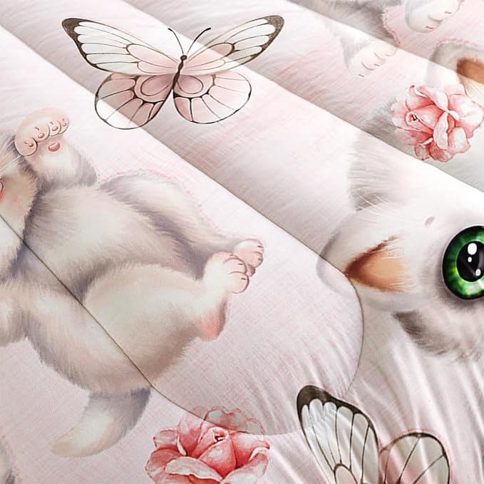 Kids Bedding Twin Cartoon Cat Comforter 3 Pieces Pink White Cat Butterflies Comforter Set for Teens Kids Boys Girls Adults Kawaii Flower Quilt with 1 Comforter and 2 Pillowcases