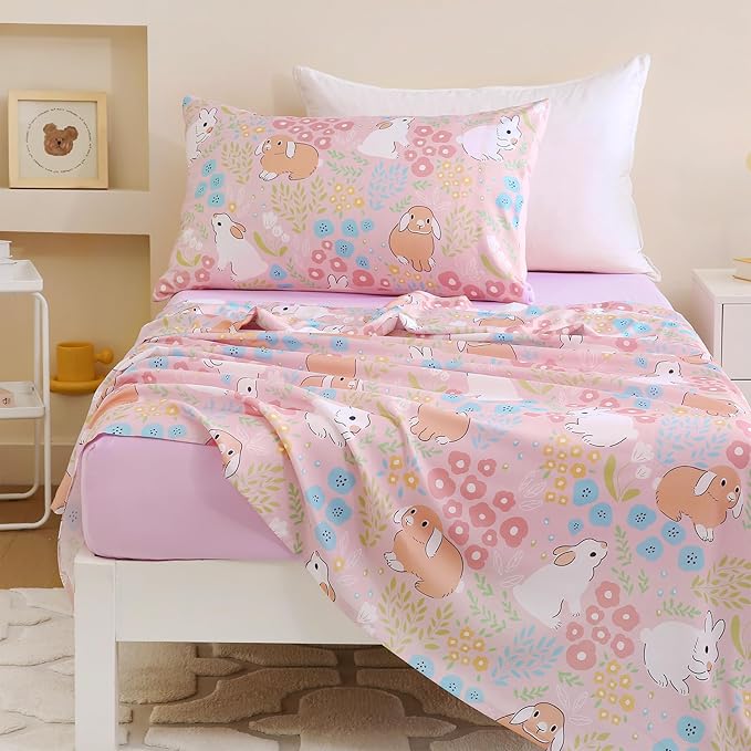 Twin Comforter Set for Kids, Boys, Girls, 4 Pieces Bed-in-a-Bag Bedding Set, All Season Ultra Soft Sheets Set with Comforter, Cute Rabbit