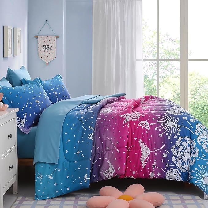 Menghomeus Girls Comforter Set Twin Size 5 Pieces Bed in A Bag Ombre Pink Blue Rainbow Bedding Set Dandelion Butterfly Print Kids Bedding Collections
