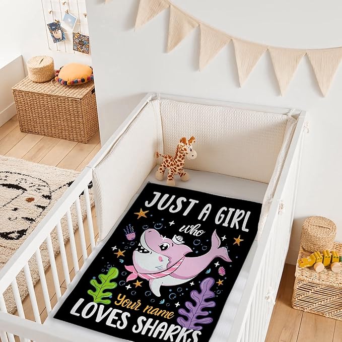 Custom Just A Girl Who Loves Sharks Blankets Gifts for Kids Adult On Bed Sofa,Personalized Premium Flannel Blankets for Birthday Christmas Thanksgiving All Season Use 30''x 40'' -XS