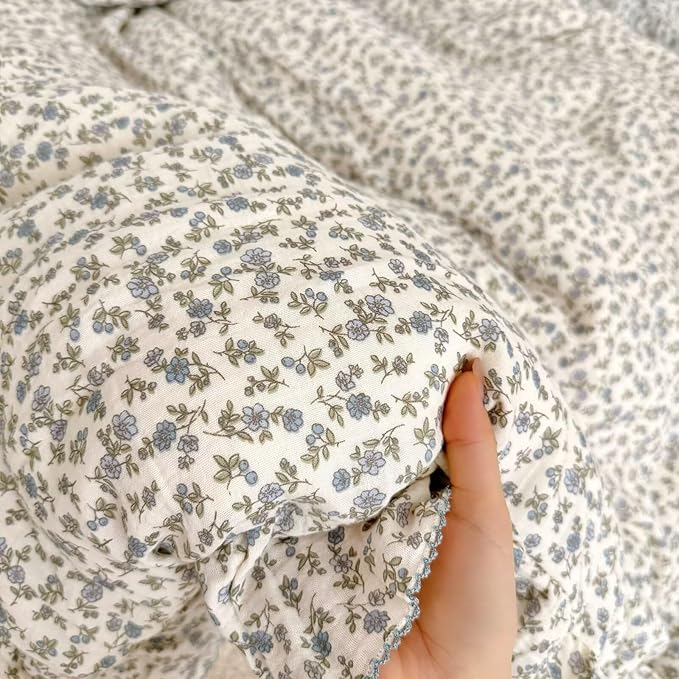 BuLuTu Muslin Cotton Duvet Cover Set Queen, Shabby Chic Blue Floral Bedding Comforter Cover with Ruffles, Soft Breathable Quilt Cover Teens Young Adults Bed Set, Machine Wash