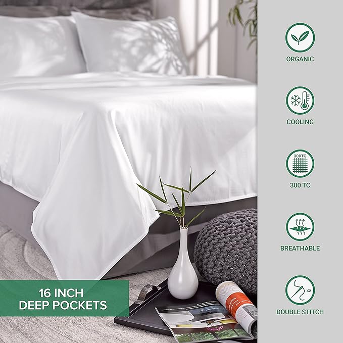 Pure Bamboo Queen Sheets, Genuine 100% Organic Viscose Derived from Bamboo Bed Sheet Set, Luxuriously Soft & Cooling, Double Stitching, 2 Year Quality Promise (Queen, Glacier)