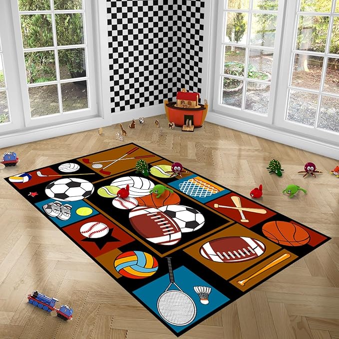 Sports Rugs for Boys Bedroom - Basketball Rug for Boys Bedroom Kids Carpet Sports Theme Basketball, Soccer, Baseball Carpet for Living Room Floor Mat Welcome Mat, 3x4 Feet