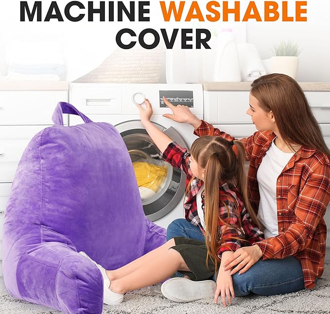 Cheer Collection Reading Pillow with Arms – Portable Bed Pillow for Sitting Up & Support, Foam-Filled Back Rest Pillow for Sitting in Bed & Couch, Machine Washable Purple (Large)