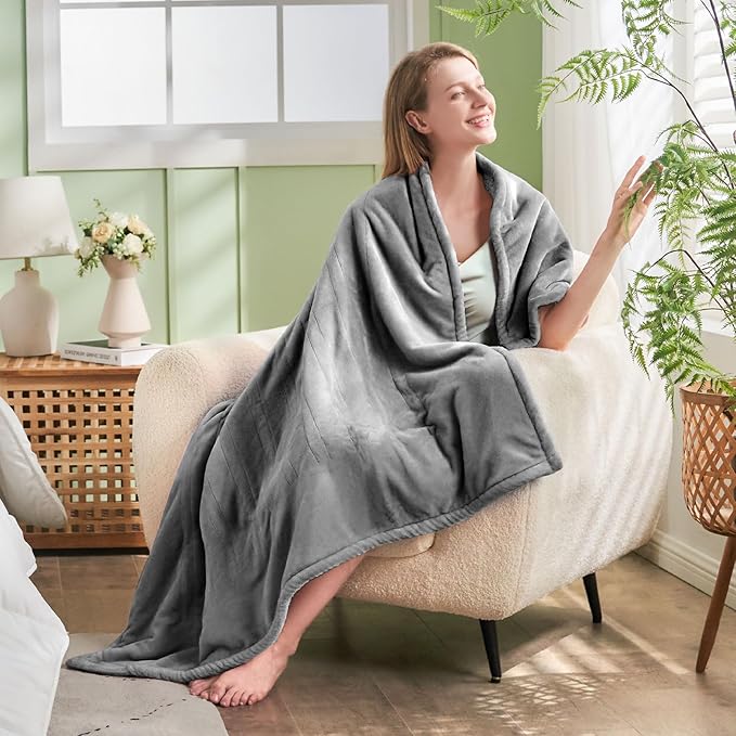 Electric Heated Blanket,Flannel & Sherpa Heated Throw Blanket 50"x60",Fast Heating Soft Fleece Blanket with 6 Heating Levels & 4H Auto Off-Light Grey