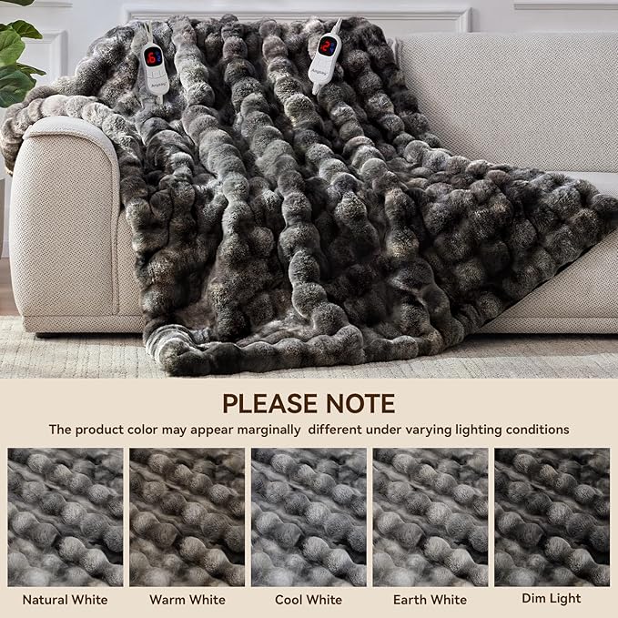 Heated Blanket King Size with 1/2/4/6/8 Hours Auto-Off 10 Heat Level, 90'' * 100'' Cozy Faux Rabbit Fur Bubble Electric Blanket with Overheat Protection(Tie-Dye Dark Grey)