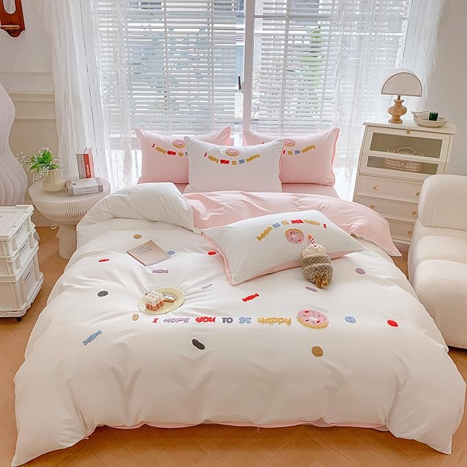 MorroMorn Twin Duvet Cover Cotton, 3D Embroidery Twin Bedding Sets, Cute Chenille Embroidered Comforter Covers Summer Blanket Soft Breathable for Girls Kids Teen Preppy (Donut White, Twin/Twin XL)
