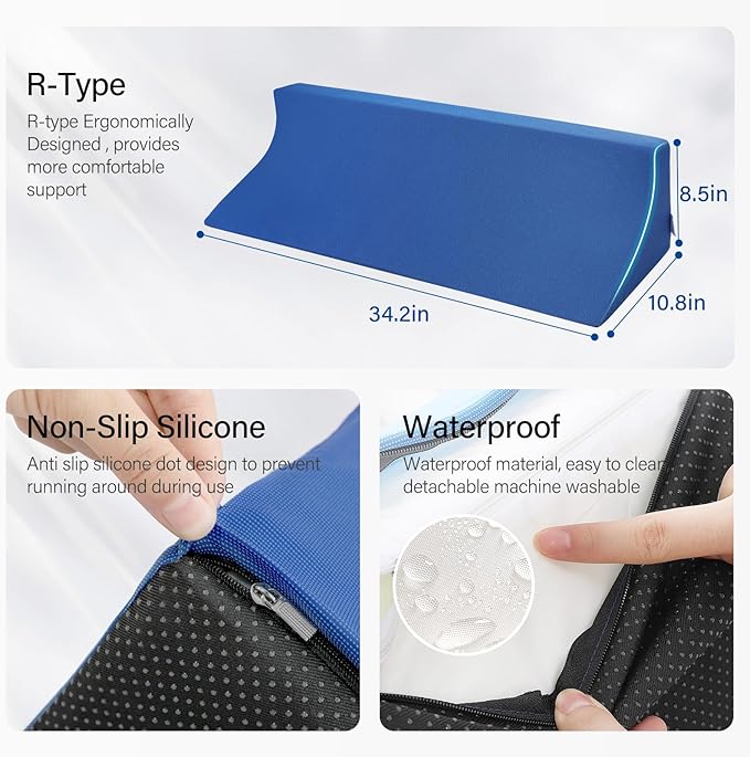 34.2in Bed Wedges & Body Positioners, 30 Degree Wedge Pillow for Side Sleeping/After Surgery, Triangle Foam Bed Wedge Pillow with Blue Machine Washable Cover, for Pregnancy, Back, Leg Pain Relief