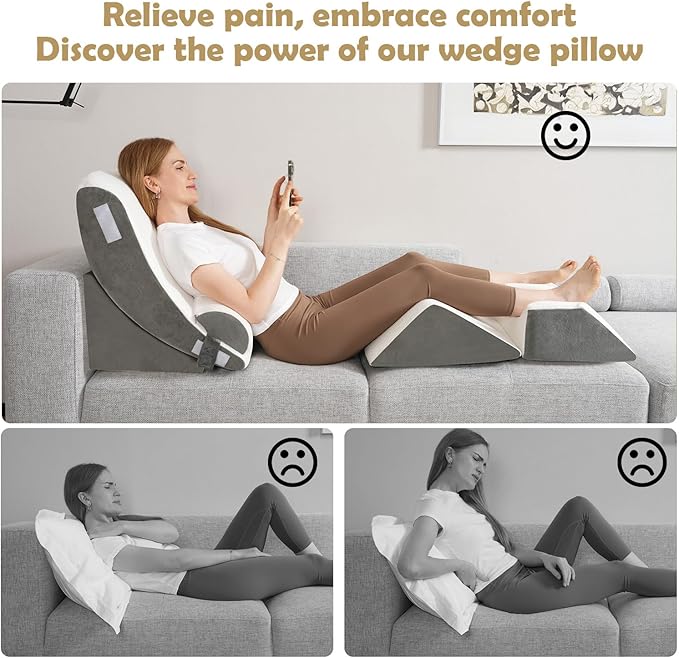5Pcs Wedge Pillow for Sleeping, Orthopedic Bed Wedge Pillows for After Surgery, Foam Triangle Sit Up Pillow Wedge for Back, Neck, Shoulder Support, Leg Elevation, Acid Reflux, Gerd, Snoring White Grey