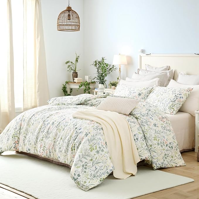 Duvet Cover Full Size 100% Cotton Comforter Cover Green Floral Breathable Duvet Cover with Zipper Closure & Corner Ties 3 Pcs Green Fragrant Grass Duvet Cover Set