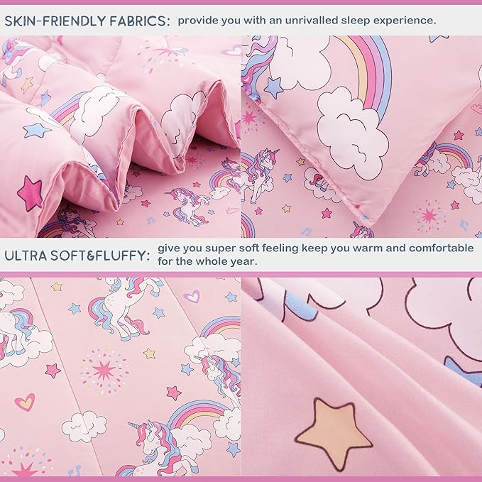 Mooreeke Kids Full Comforter Sets for Girls 8 Pieces Pink Unicorn Bedding Set for Teens Soft Microfiber Kids Bed in A Bag with Comforter, Sheet Set, Shams and Decorative Toy Pillow All Season