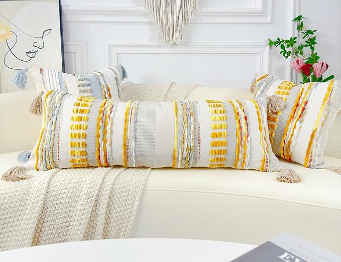 Chenille and Cotton Long Pillow for Bed,Striped Textured Boho Long Lumbar Throw Pillow Cover 16x36,Neutral Accent Decorative Extra Long Body Pillow Case for Couch Sofa Bedroom,Yellow-Grey