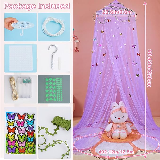 FIOBEE Bed Canopy for Girls Room Bed Canopy Curtains with Led Lights Mosquito Net DIY Princess Room Décor with Stars Butterflies for Kids Bedroom, Purple