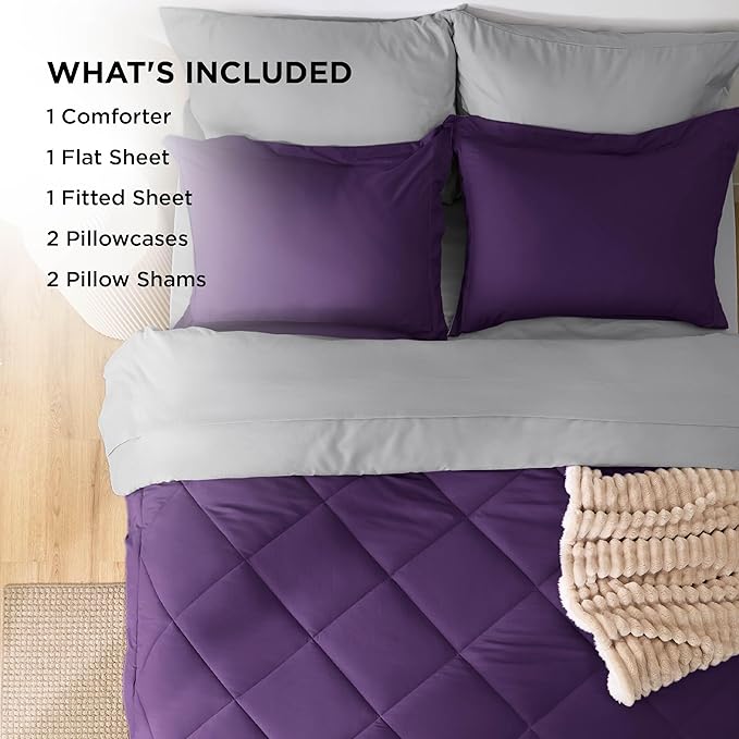 Bedsure King Size Comforter Set - 7 Pieces Reversible Purple Bedding, King Size Bed Set for All Seasons, Bed in a Bag with Down Alternative Comforter, Sheets, Pillowcases & Shams