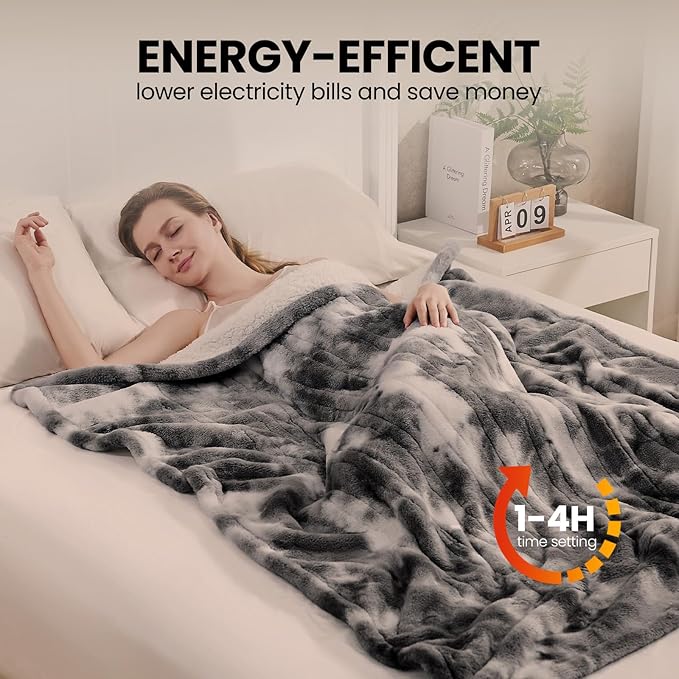 Electric Heated Blanket 50"x60",Luxury Grey Faux Rabbit Fur Electric Throw Blanket,Fast Heating Soft Fluffy Thick Electric Blanket with 6 Heating Levels & 12H Auto Off