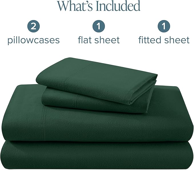 Bare Home Flannel Sheet Set 100% Cotton, Velvety Soft Heavyweight - Double Brushed Flannel - Deep Pocket (Full, Forest Green)