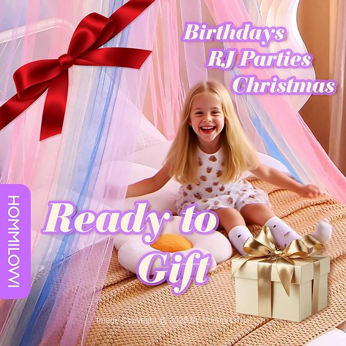 Rainbow Bed Canopy for Girls with Stars Lights, Princess Canopy Bed Curtains for Twin, Full, Queen Size Bed Hanging Canopy for Girls Room Decor, Kids Sheer Canopy Curtain