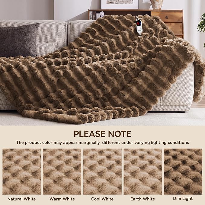 Heated Blanket Throw with 1/2/4/6/8 Hours Auto-Off 10 Heat Level, 50'' * 60'' Cozy Faux Rabbit Fur Bubble Electric Blanket with Overheat Protection(Brown)
