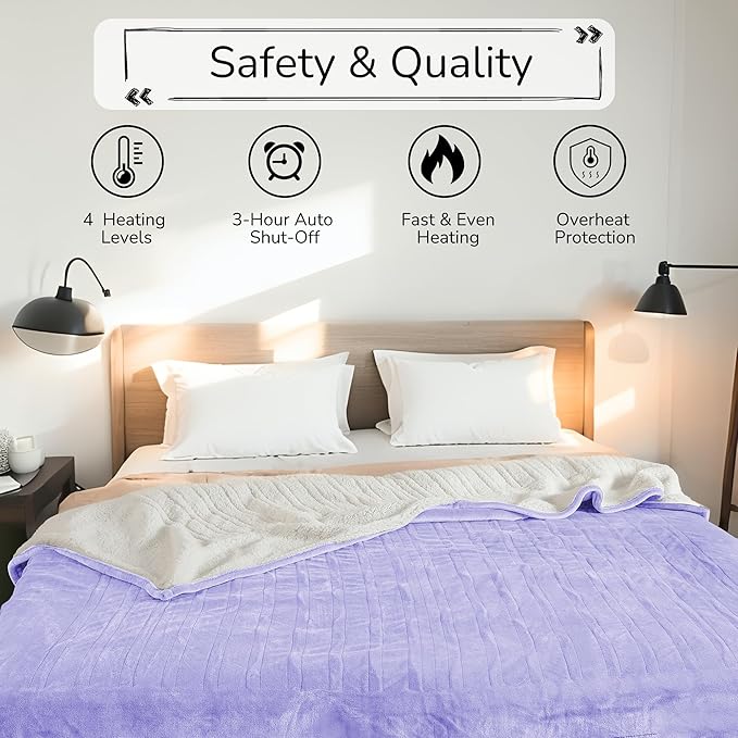Electric Heated Blanket King Size 90"x100" - Dual-Sided with Microplush & Sherpa Fabric, 4 Heat Settings & 10 Hours Auto Off, Dual Controller, Machine Washable - Light Purple