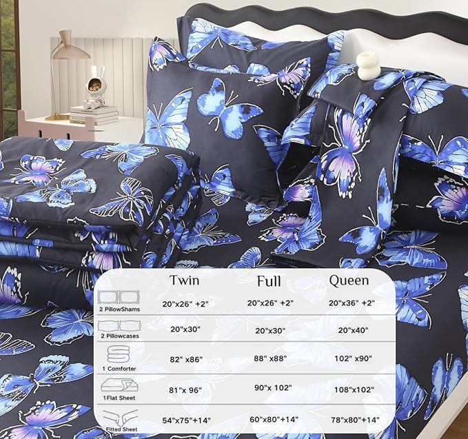 SDY 7PCS Butterfly Bedding Set Queen Butterfly Comforter Set and Bed Sheets Bed in A Bag for Toddler,Girls Boys and Kids, with 1Comforter, 1FlatSheet, 1Fitted Sheet,Pillowcases & Shams