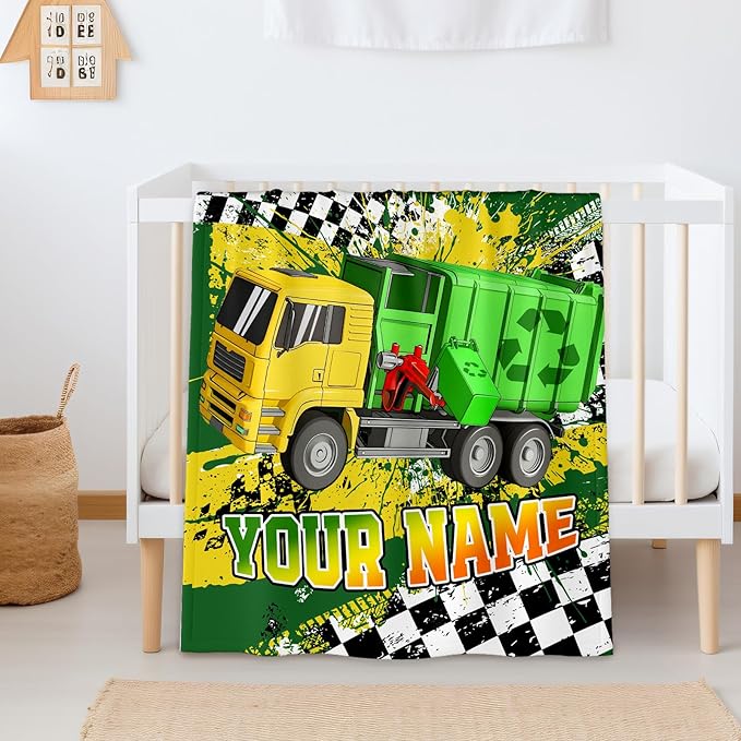 Boys Blanket Gifts Personalized Garbage Truck Blankets for Kids Teens Adults - 60" x 80" Custom Name Cool Car Themed Soft Lightweight Flannel Throws for Couch, Sofa, Bedroom Decor