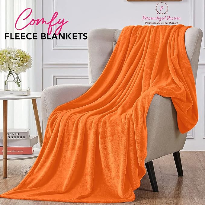 Personalized Blankets for Adults - Custom Blanket with Embroidered Name or Monogram - Soft Fleece Throw Cover for Bed & Couch - Orange (60"x80")