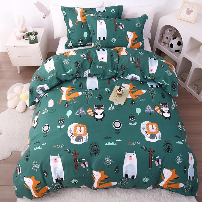 JSD Green Forest Animal Kids Duvet Cover Set Twin Size, 2 Piece Soft Printed Microfiber Comforter Cover with Pillow Sham Zipper Closure, Comforter Not Included