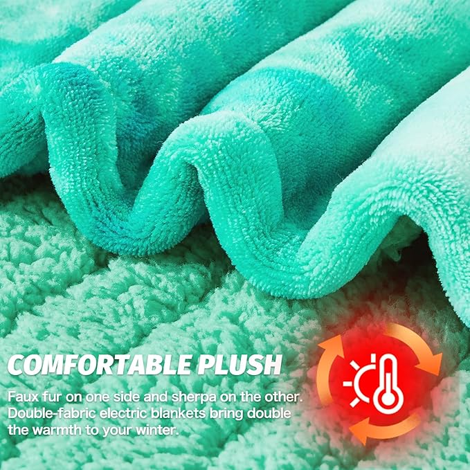 greenoak Heated Electric Blanket Throw, Faux Fur Sherpa Heating Blanket for Sofa Bed, Warm Winter Gifts for Women/Her, Heater Lap Blankets 5-Position Timer &10 Heating Levels 62''*84" Aqua