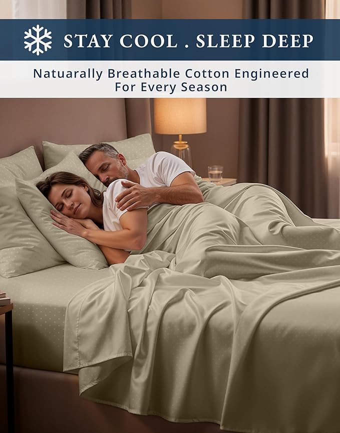 100% Egyptian Cotton Sheets King Size– Silky Sateen Weave for All Season Comfort, 15" Deep Pocket King Sheet Set, Oeko-TEX Certified, Fade Resistant, Durable Hotel Comfort at Home -Swiss Dot Linen