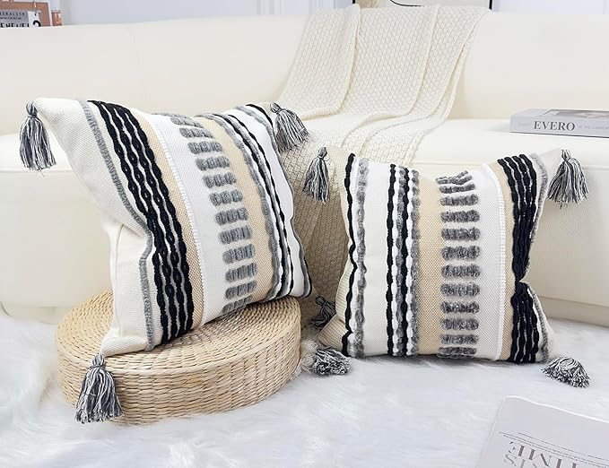 Boho Throw Pillow Covers 18x18 Aesthetic Neutral Boucle Couch Pillow Cover Rainbow Striped Decorative Accent Pillow Case for Couch Bed Sofa Farmhouse Bedroom,Modern Funky,Set of 2 Grey