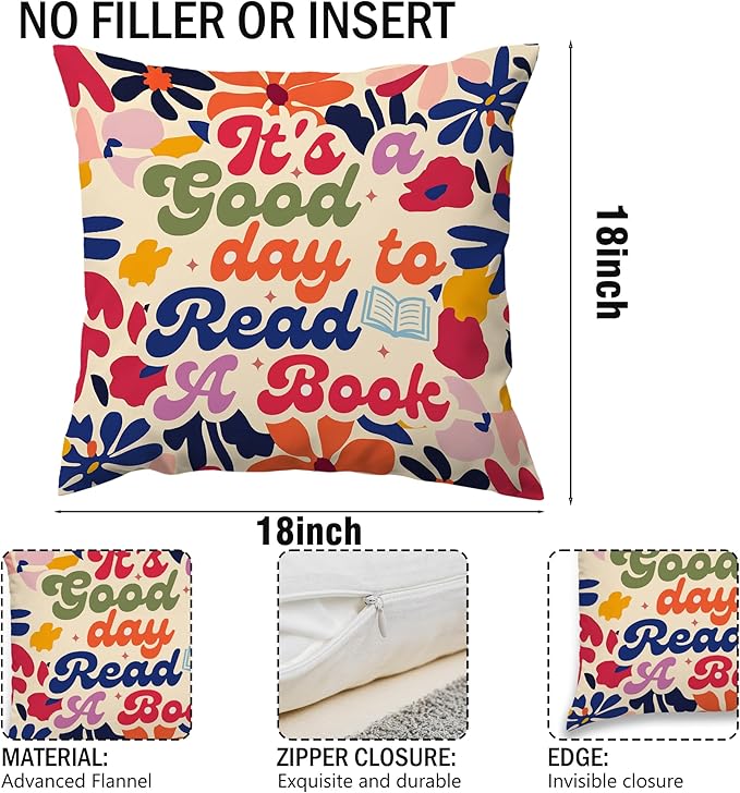Vintage It's A Good Day to Read A Book Classroom Throw Pillow Covers, Floral Fall Reading Pillows Covers for Kids, Flower Pillow Cases Decor for Library Reading Nook Corner Couch 18x18in