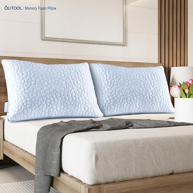 QUTOOL Enhanced Cooling Pillows King Size Set of 2, CertiPUR-US Shredded Memory Foam Pillows 2 Pack for Hot Sleeper, Adjustable Bed Pillow for Side, Back, Stomach Sleepers Support Yet Soft, Home Gifts
