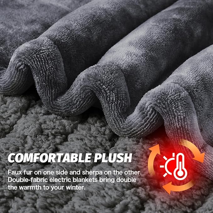 greenoak Heated Electric Blanket Throw, Faux Fur Sherpa Heating Blanket for Sofa Bed, Warm Winter Gift for Dad/Grandma, Heater Lap Blankets 5-Position Timer &10 Heating Levels 62''*84" Marble Grey