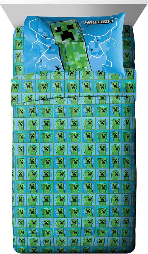 Jay Franco Kids Comforter Set Includes Sheets and Pillow Covers - Soft and Cozy Bed Set for Stylish Room Decor, Green - Minecraft Creeper, 5 Piece Twin Size Bedding