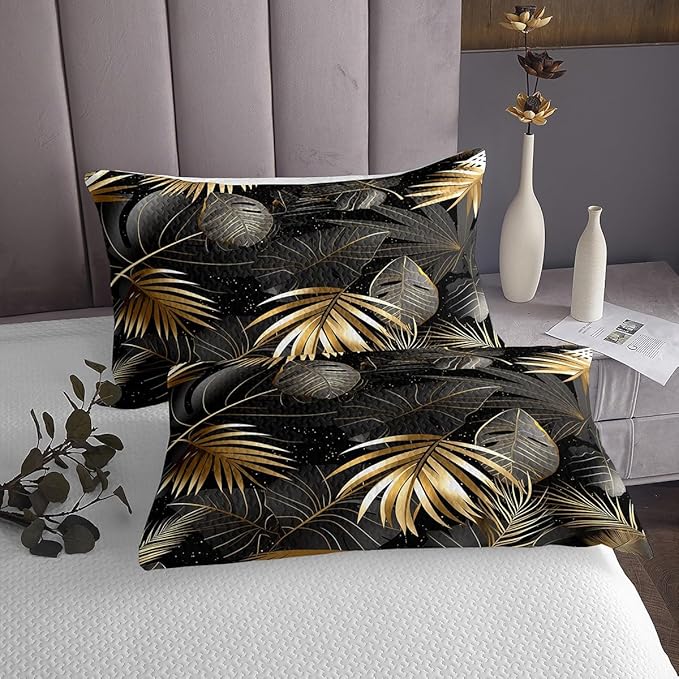Erosebridal Palm Leaves Coverlet Set King Size,Tropical Bedspread for Teens Child Young,Botanical Jungle Bedding Set,Plant Tree Leaf Weed Decor Quilt Set Pastoral Style Bedroom Decor Gold Gray Black