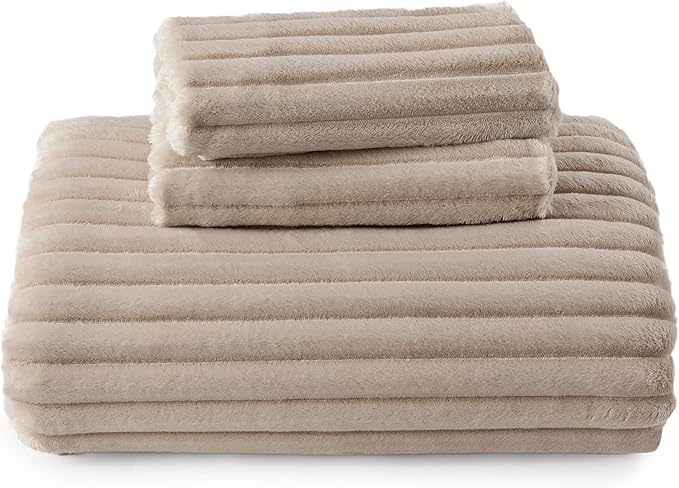 Bedsure Fluffy Duvet Cover Set - Ultra Soft Plush Shaggy Comforter Cover Queen Size, Warm Flannel Fleece Bed Sets for Winter, 3 Pieces (Striped Pattern, Khaki)