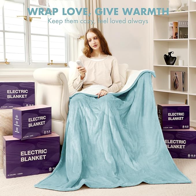 Electric Blanket Twin 62" x 84" - Soft Cozy Flannel Sherpa Heated Blanket Twin with 5 Heating Levels & 10 Hours Auto Off, Ideal Gift for Grandma, Machine Washable and ETL Certified (Blue)