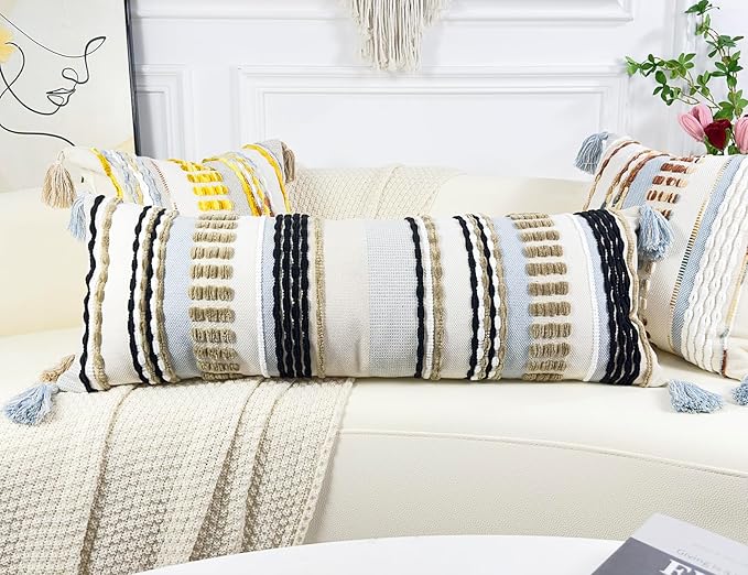 Chenille and Cotton Long Pillow for Bed, Striped Textured Boho Lumbar Throw Pillow Cover 14x36, Neutral Accent Decorative Extra Long Body Pillow Case for Couch, Sofa, Bedroom, Khaki