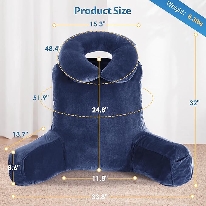 Rengue 31" Large Ergonomic Bed Rest Pillow, Reading Pillow with Arms Detachable Neck Roll Reading Pillow with Pockets for Sitting in Bed Couch (Blue)