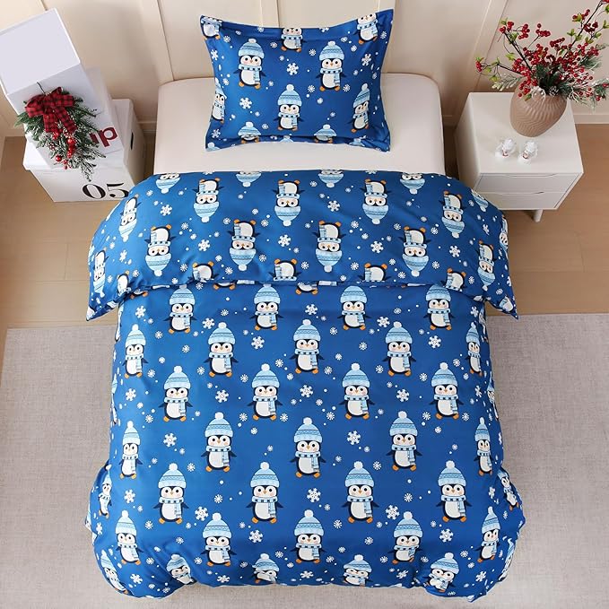 JSD Penguin Snowflakes Kids Christmas Duvet Cover Set Twin Size, 2 Piece Xmas Comforter Cover with Pillow Sham Zipper Closure, Comforter Not Included