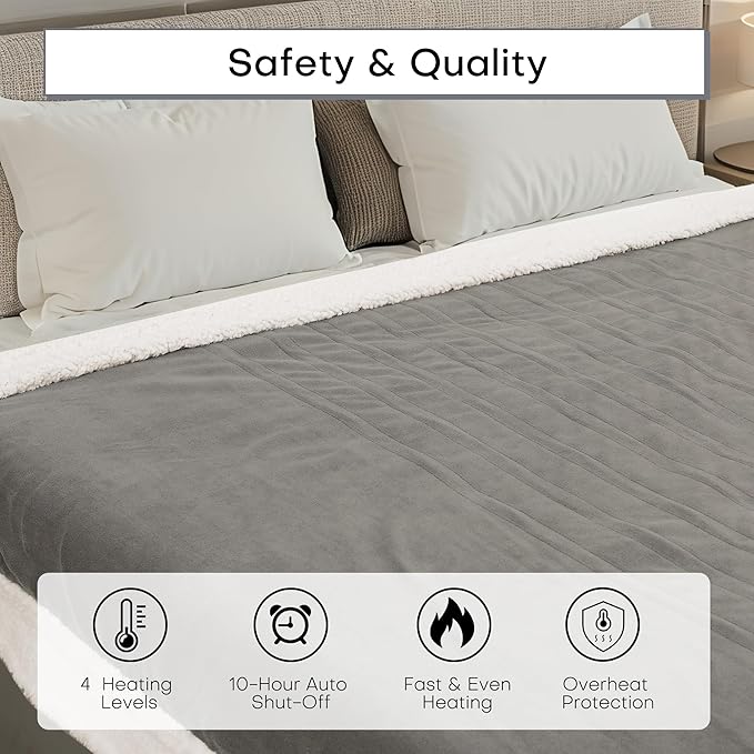 Electric Heated Blanket Twin Size 62"x84" - Dual-Sided with Microplush & Sherpa Fabric, 4 Heat Settings & 10 Hours Auto Off, Machine Washable - Light Gray