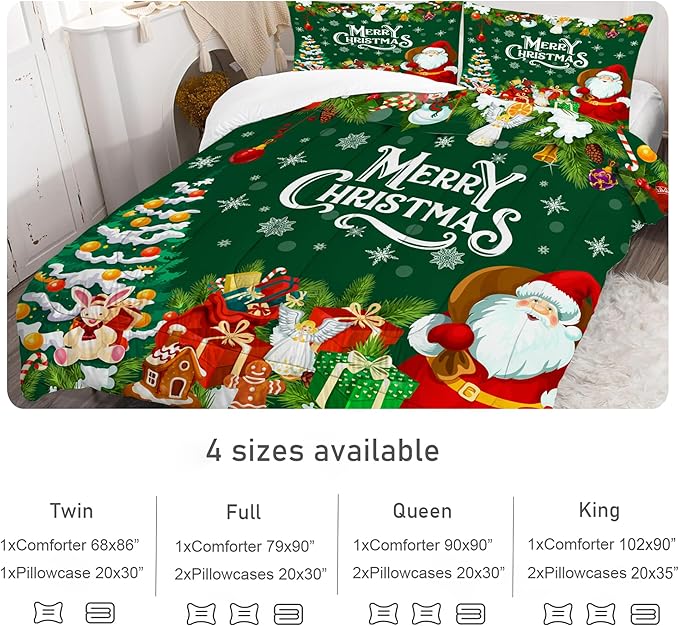 Green Christmas Comforter Set: Full Size Xmas Snowflakes Bedding Sets Cute Santa Claus Quilts Merry Christmas Tree 3 Piece Bed Set for Kids Teens Adults Bedroom Decor