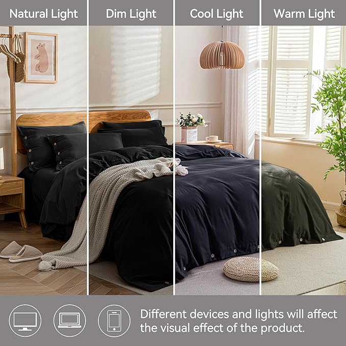 JELLYMONI Cotton Duvet Cover Full Size - Pure Black Comforter Cover with Button 100% Washed Cotton 3PCS Breathable Soft Solid Bedding Set Duvet Cover 80×90in & 2 Pillowcases (NO Comforter)