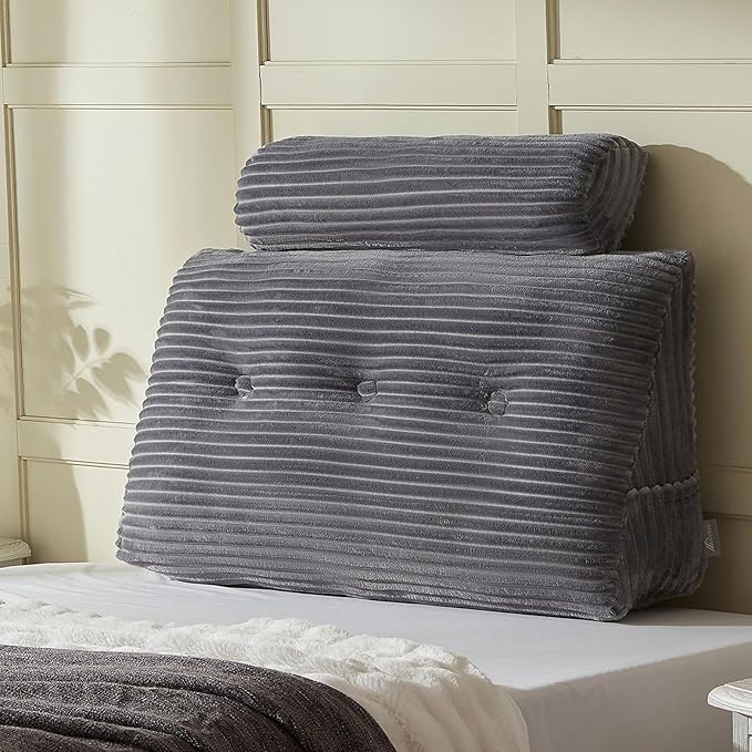 Headboard Wedge Pillow + A Long Neck Roll Pillow Body Pillow,Large Headboard Pillow with Removable Cover (Gray, Twin:39x8x20 inches)
