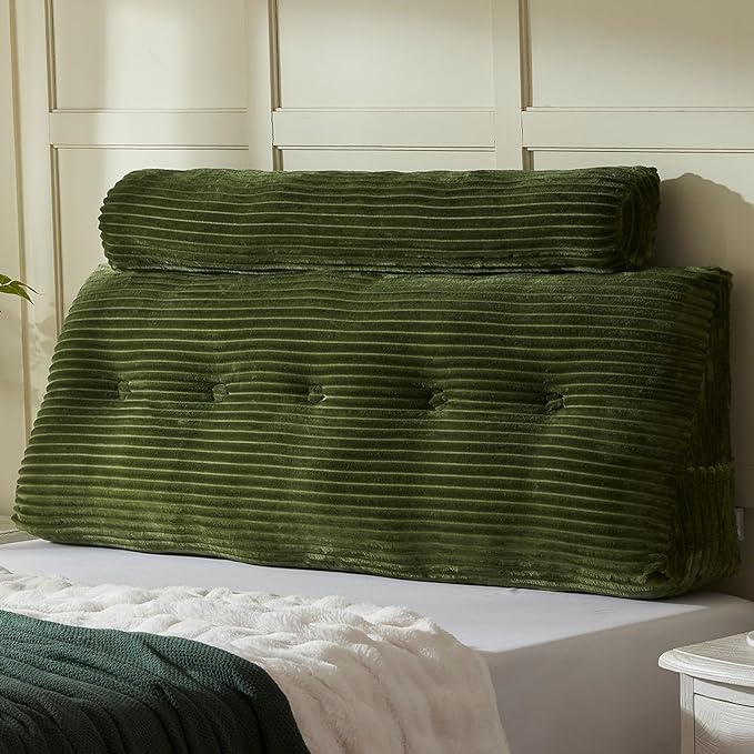 Headboard Wedge Pillow + A Long Neck Roll Pillow Body Pillow,Large Headboard Pillow with Removable Cover (Green, Queen:59x8x20 inches)