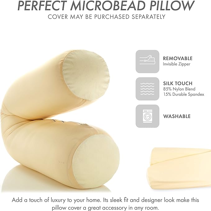 Straight Body Pillow, Full Size Premium Microbead,Side Sleeping/Maternity Pregnant Women, Supportive,Fluffy, Breathable, Cooling, 85/15 Spandex/Nylon Silky Anti-Aging - 48 X 8 - Off White Creme