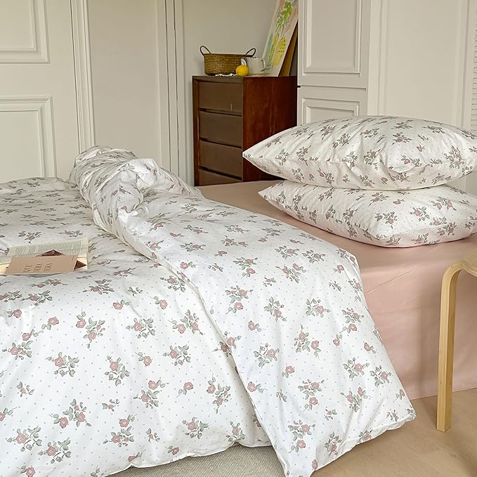 AOJIM Pure Cotton Duvet Cover Set with Exquisite Red Floral Pattern, Super Soft Comforter Cover Set 3pcs, 1 Comfy Durable Quilt Cover Full Size and 2 Matching Pillowcases for Room Decor, No Comforter