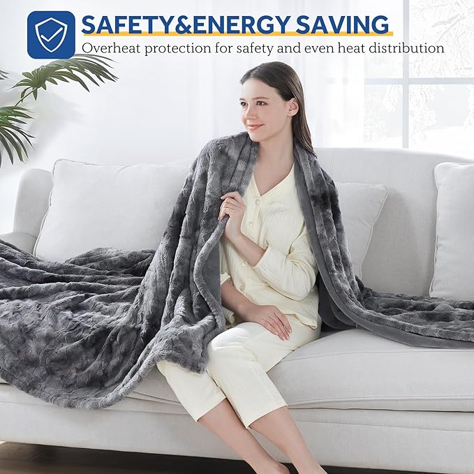 Sealy Electric Blanket Heated Throw, Faux Fur Heating Blanket with 6 Heat Settings & 2-10 Hours Auto Shut Off, Fast Heating & ETL Certification, 50x60 Inch, Grey